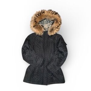 Authentic Burberry Black Quilted Raccoon Fur Hood Cinch Waist Jacket Small